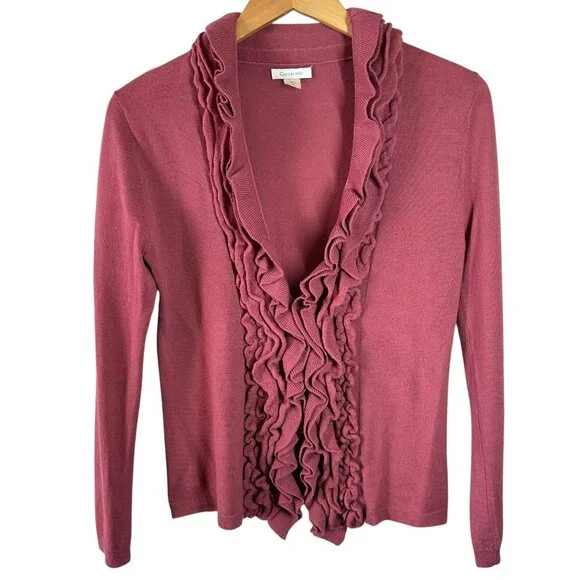 Garnet Hill Dusty Rose Merino Wool Ruffle Cardigan Sweater Size XS - Picture 2 of 5